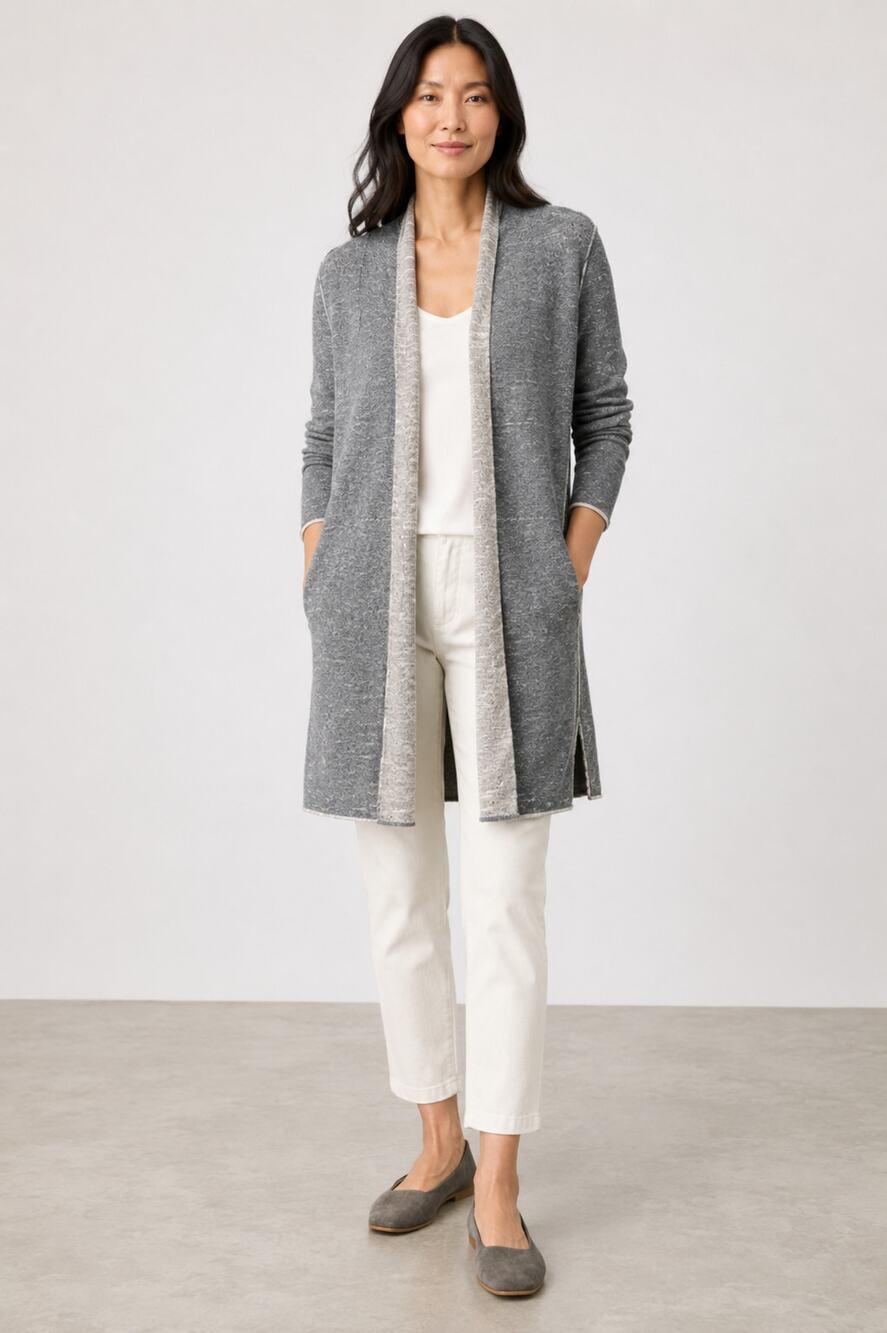 Eileen Fisher Size L Organic Linen & Organic Cotton Knit Open Cardigan Gray